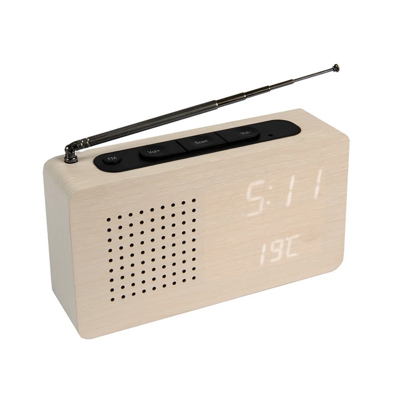 Radiosveglia da comodino in legno bianco con ora, data e temperatura, funzionamento a doppia alimentazione: cavo USB (incluso) o 4 pile AAA